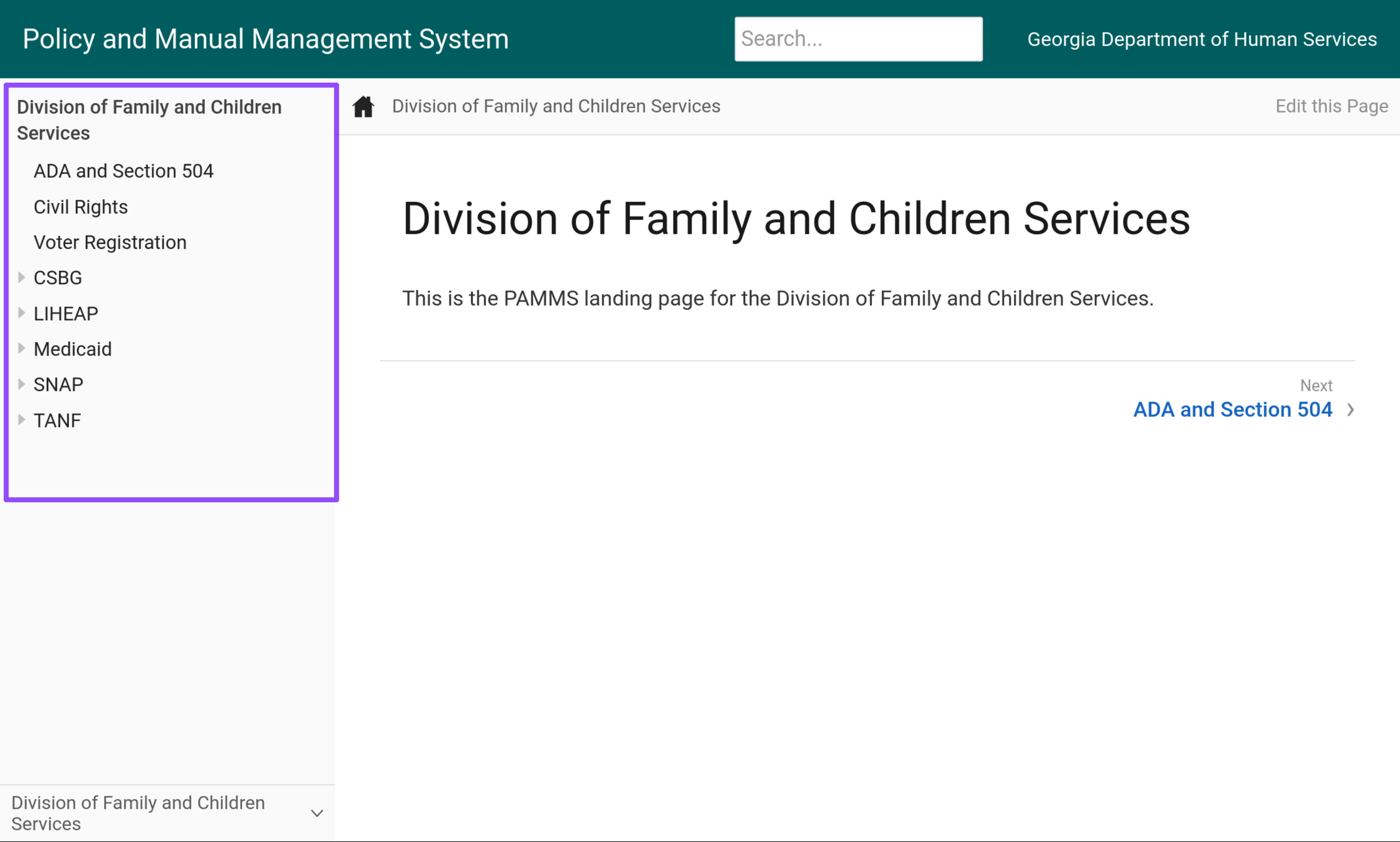 Component menu for DFCS